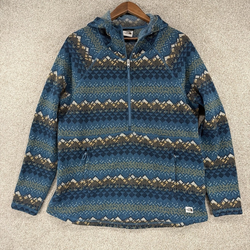 North Face Printed Crescent Hooded Pullover Fleece Top Sz L/XL? Blue Fair Isle